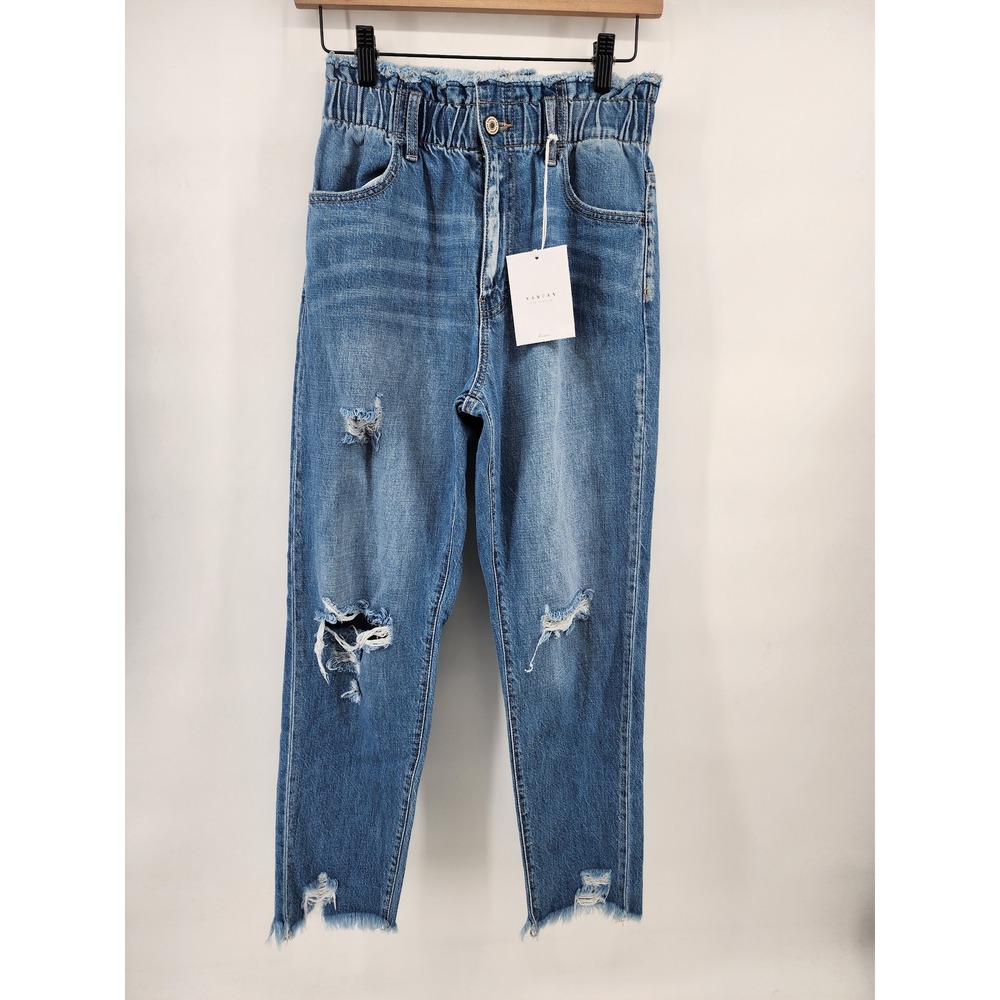 KanCan Paperbag Waist Distressed High Rise Straight Leg Jeans Blue Size 3/25